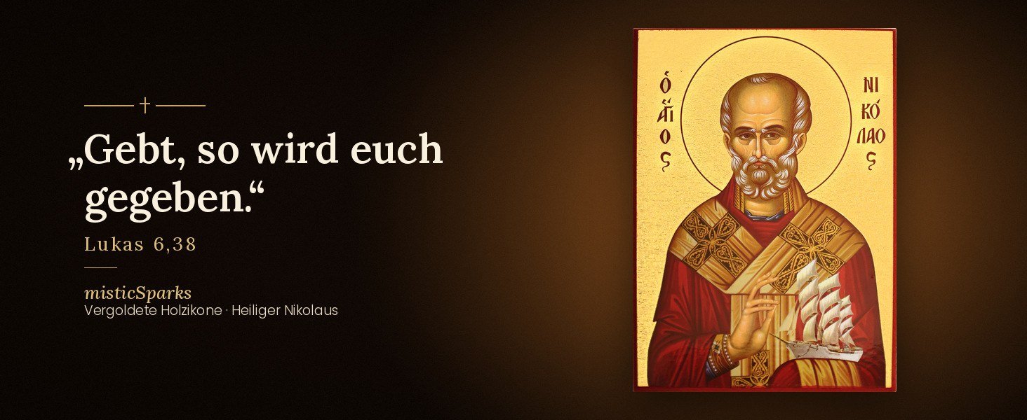 Ikone Heiliger Nikolaus mit dem Bibelvers „Gebt, so wird euch gegeben.“ (Lukas 6,38)
