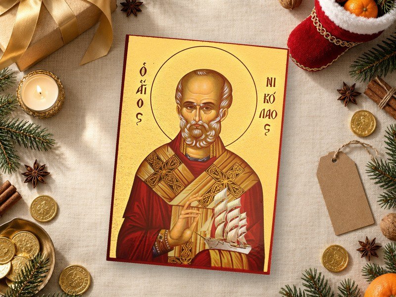 Ikone Heiliger Nikolaus als Geschenk auf festlich gedecktem Gabentisch