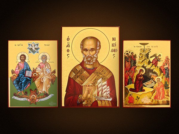 Kollektion vergoldeter Ikonen: Heilige Dreifaltigkeit, Heiliger Nikolaus und Geburt Christi