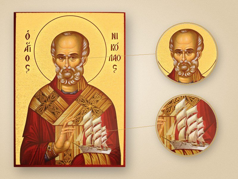 Ikone Heiliger Nikolaus mit vergrößerten Motivdetails in Goldrahmen