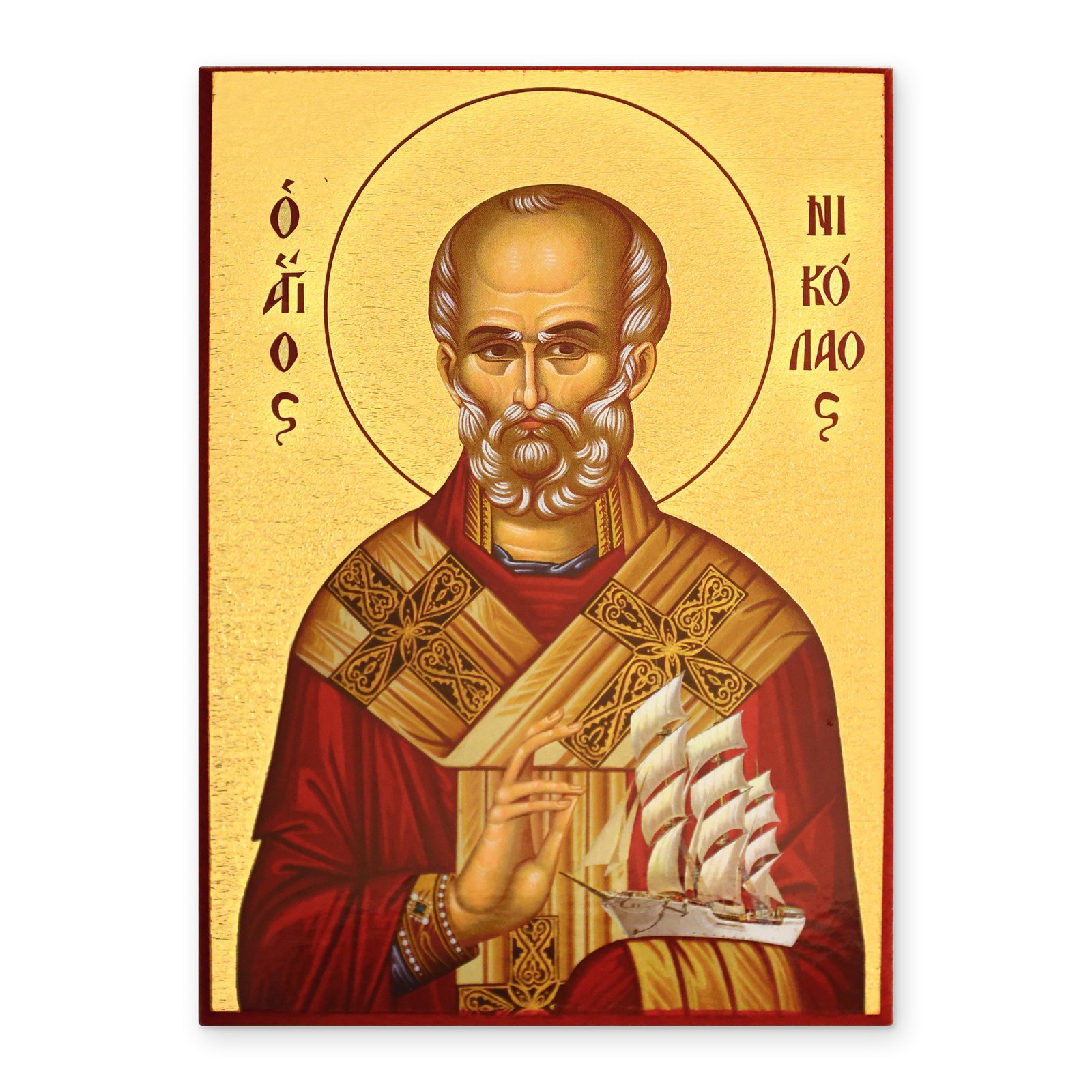 Vergoldete Ikone des heiligen Nikolaus von Myra mit Segelschiff, byzantinische Holzikone aus Griechenland