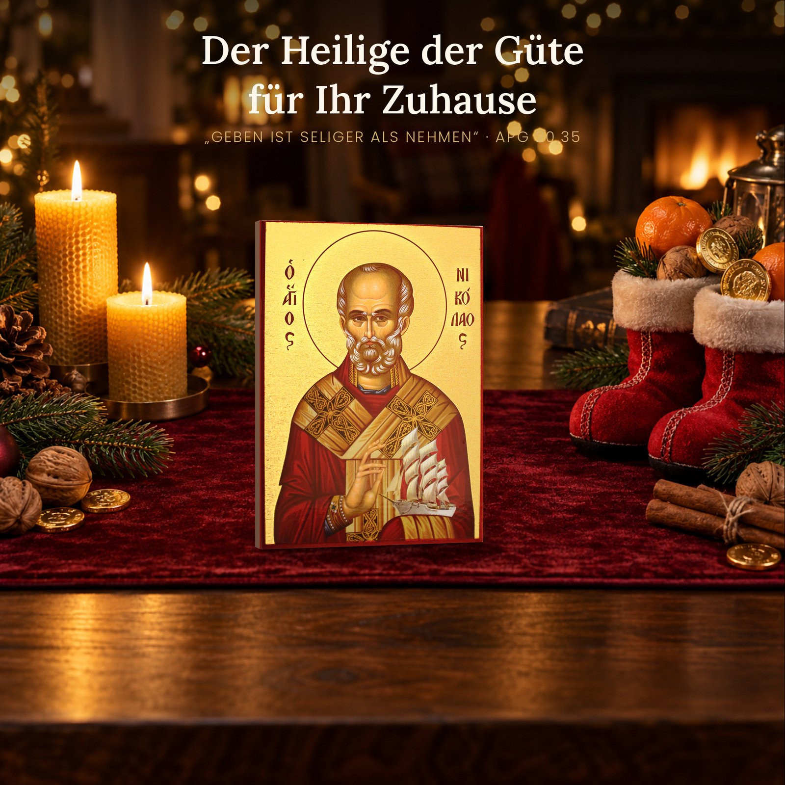 Ikone Heiliger Nikolaus zum Nikolaustag auf festlichem Tisch mit Kerzen, Mandarinen und Nikolausstiefeln