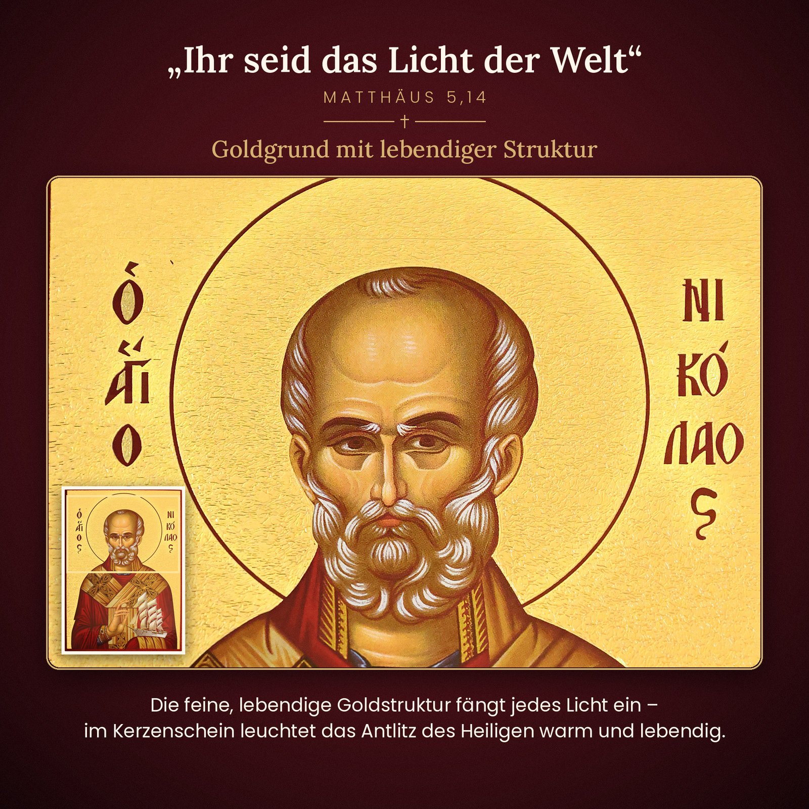 Nahaufnahme des Goldgrunds und des Antlitzes der Nikolaus-Ikone