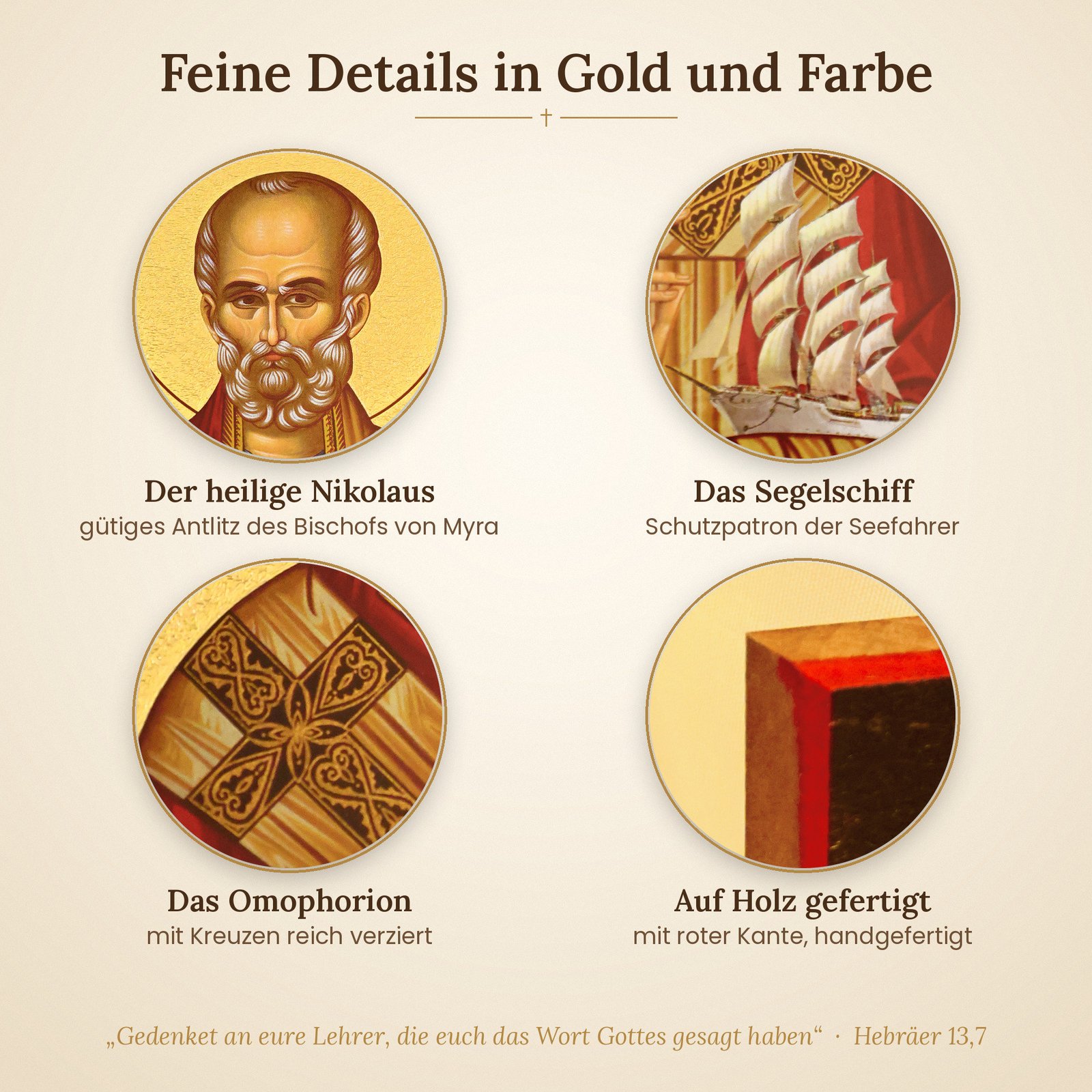 Details der Nikolaus-Ikone: Antlitz des Bischofs, Segelschiff, Omophorion und Holzkante