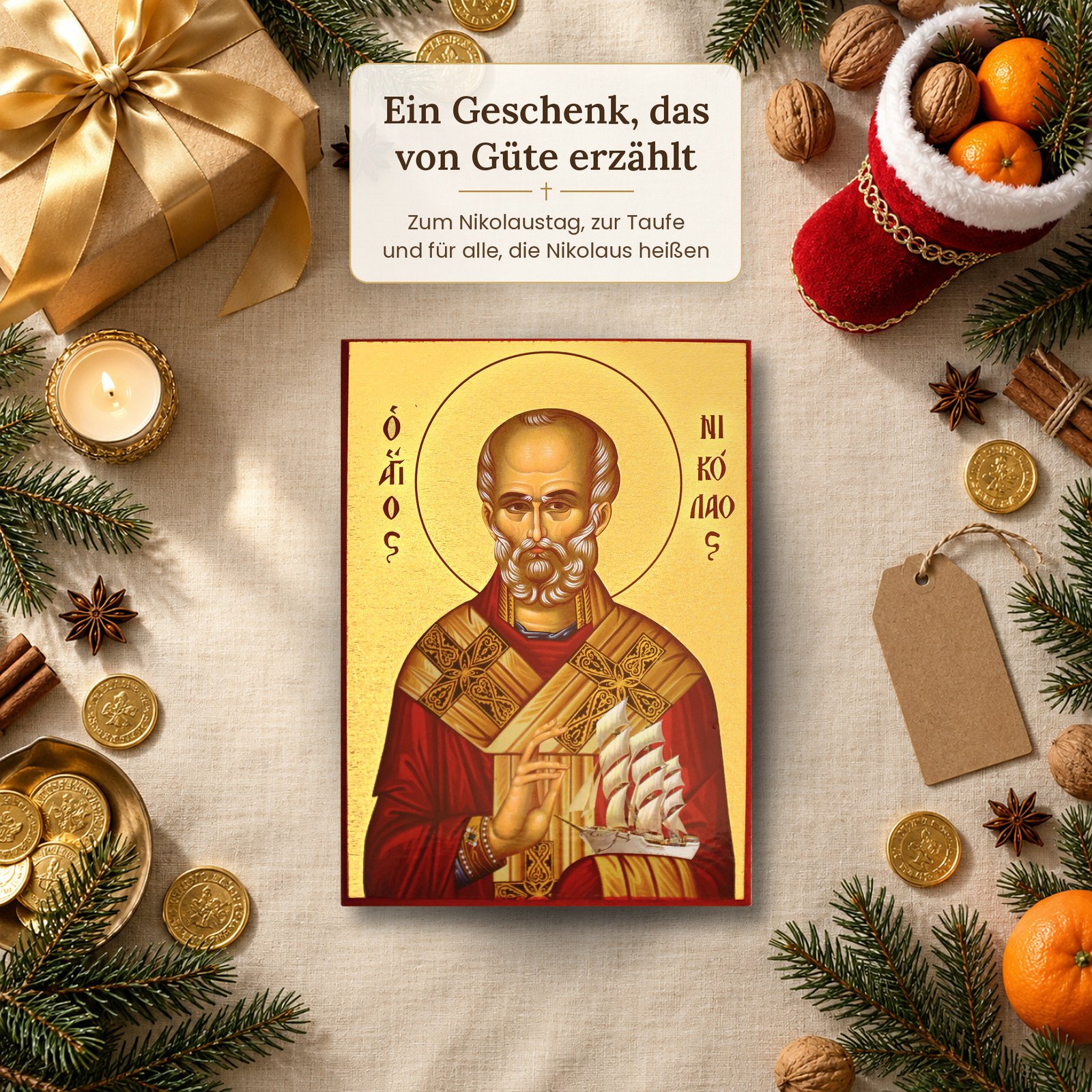 Ikone Heiliger Nikolaus als Geschenk zum Nikolaustag mit Nikolausstiefel, Nüssen und Mandarinen
