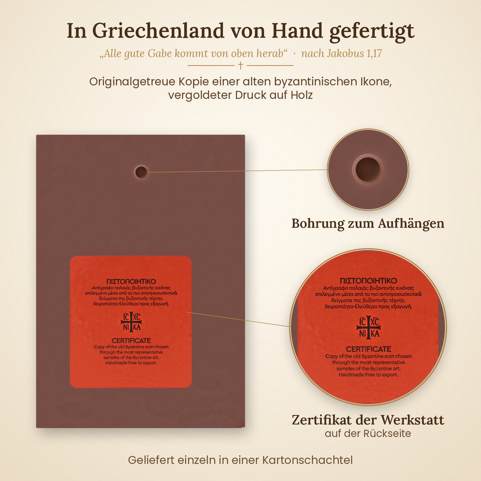 Rückseite der Nikolaus-Ikone mit Zertifikat der griechischen Werkstatt und Bohrung zum Aufhängen