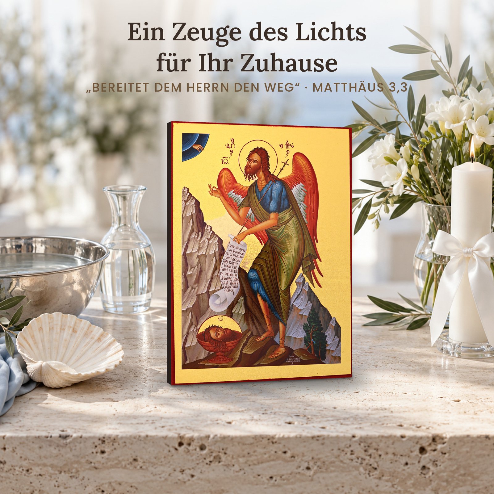 Ikone Johannes der Täufer – vergoldet mit Zertifikat 2 Ikone Johannes der Täufer auf dem Steintisch mit Taufschale