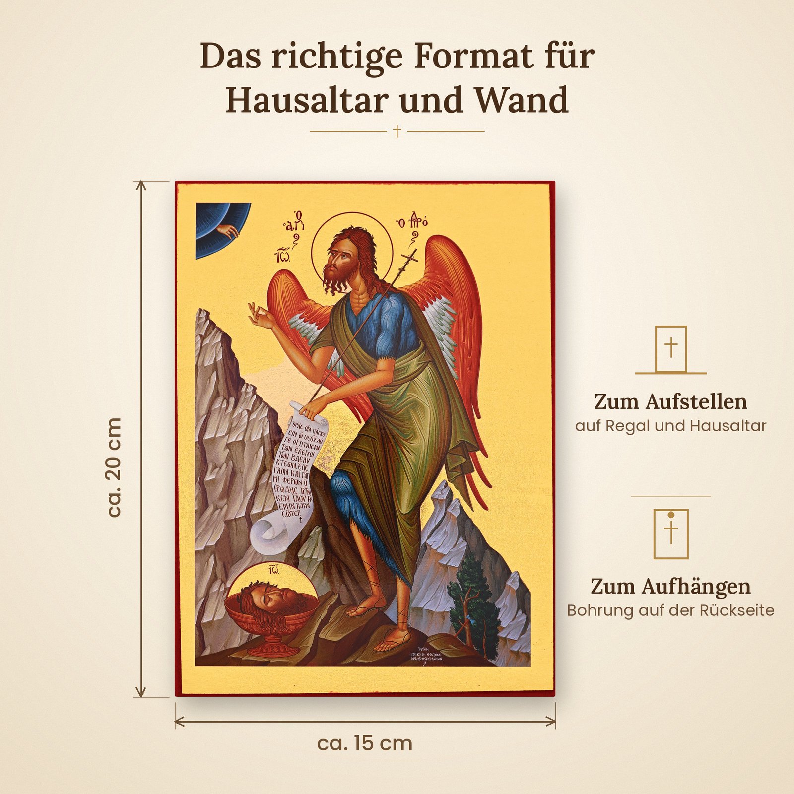 Ikone Johannes der Täufer – vergoldet mit Zertifikat 4 Maße der Ikone Johannes der Täufer – ca. 15 x 20 cm