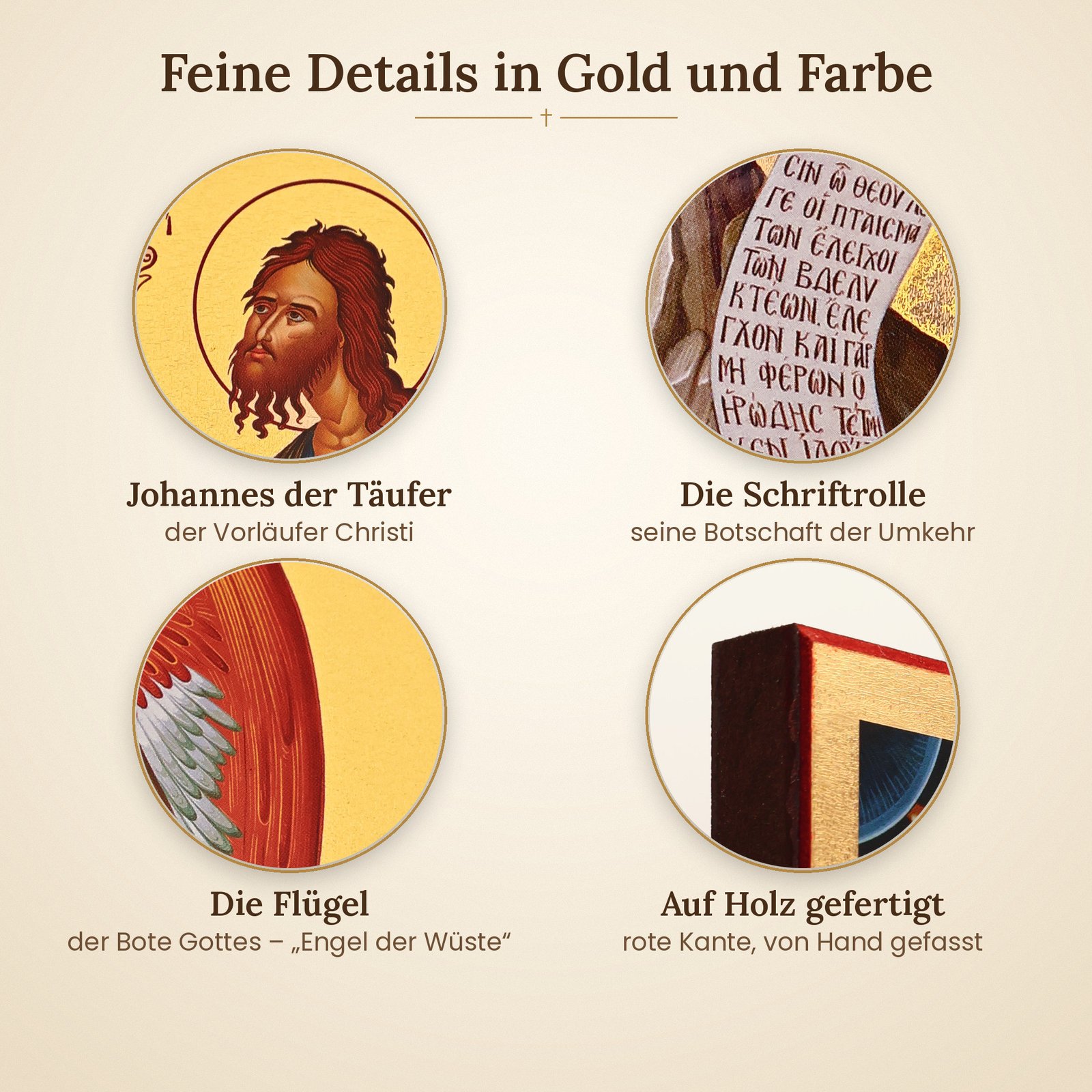 Ikone Johannes der Täufer – vergoldet mit Zertifikat 5 Details der Ikone Johannes der Täufer – Antlitz, Schriftrolle und Flügel