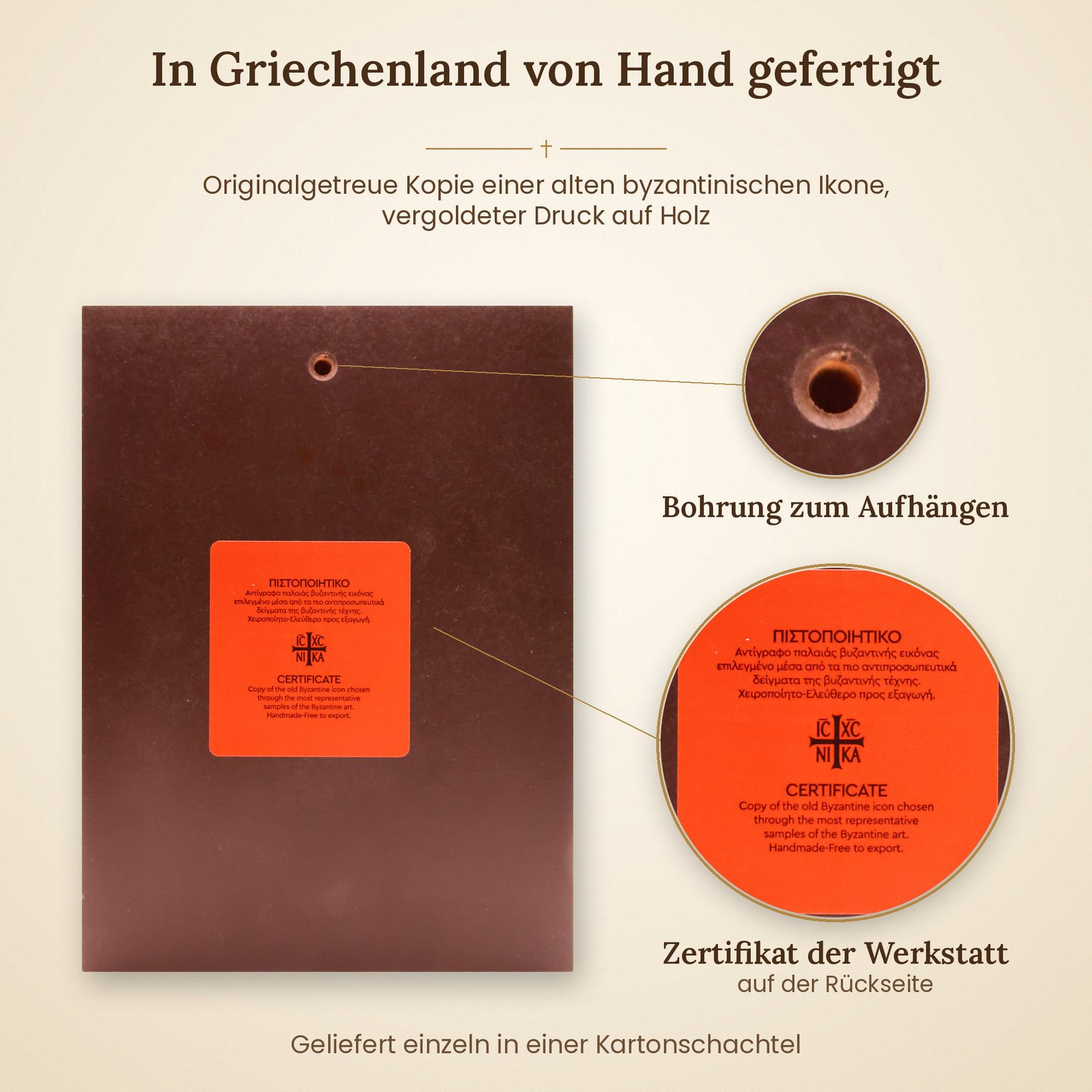 Ikone Johannes der Täufer – vergoldet mit Zertifikat 9 Rückseite der Ikone Johannes der Täufer mit Zertifikat und Bohrung