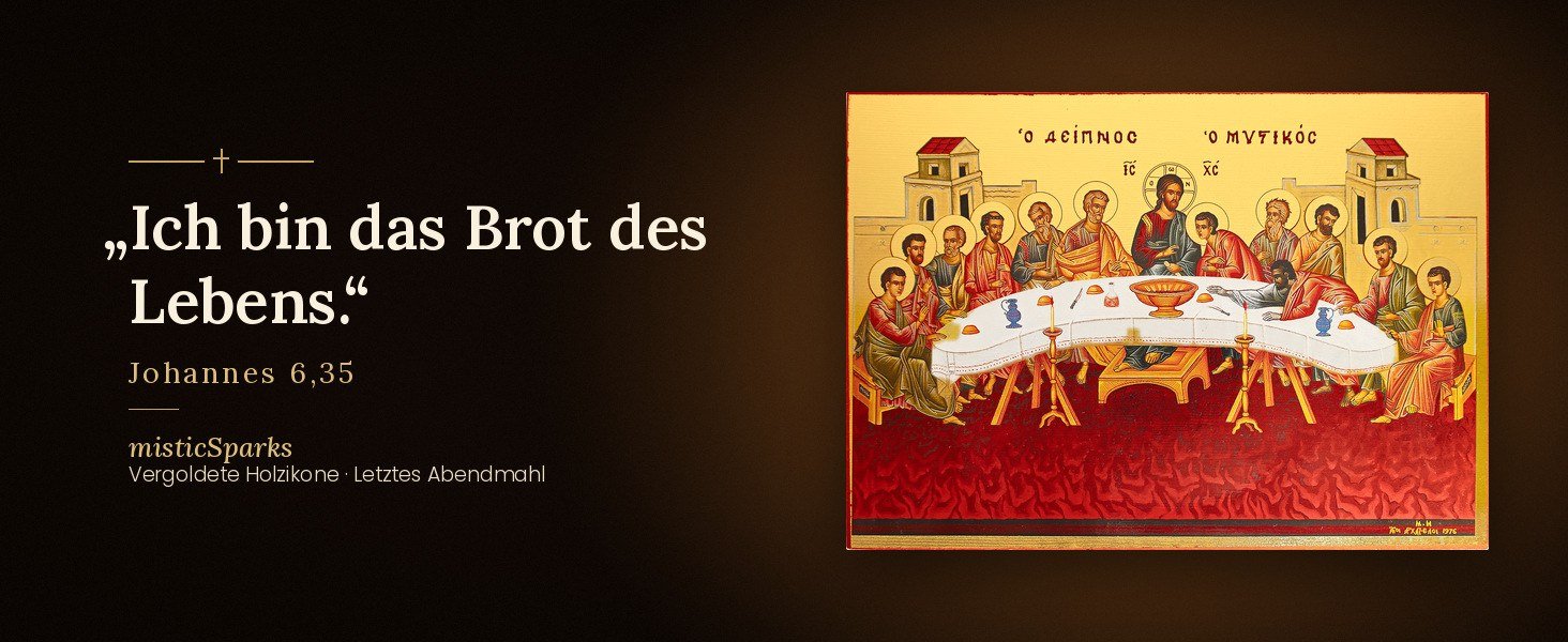 Ikone Letztes Abendmahl mit dem Bibelvers „Ich bin das Brot des Lebens.“ (Johannes 6,35)