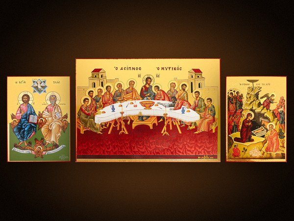 Kollektion vergoldeter Ikonen: Heilige Dreifaltigkeit, Letztes Abendmahl und Geburt Christi