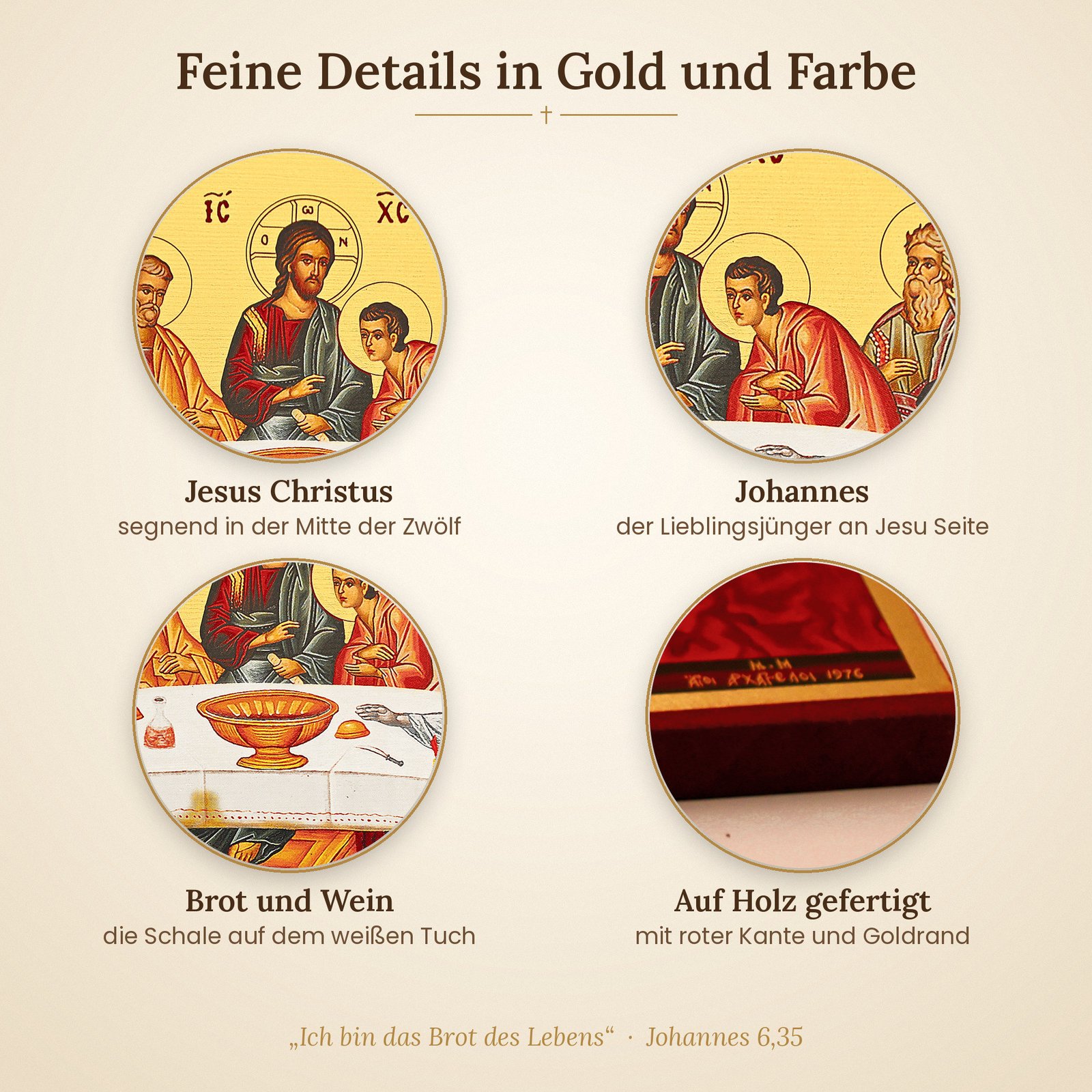 Detailansichten der Ikone: Jesus Christus, Johannes, die Schale mit Brot und Wein und die rote Holzkante
