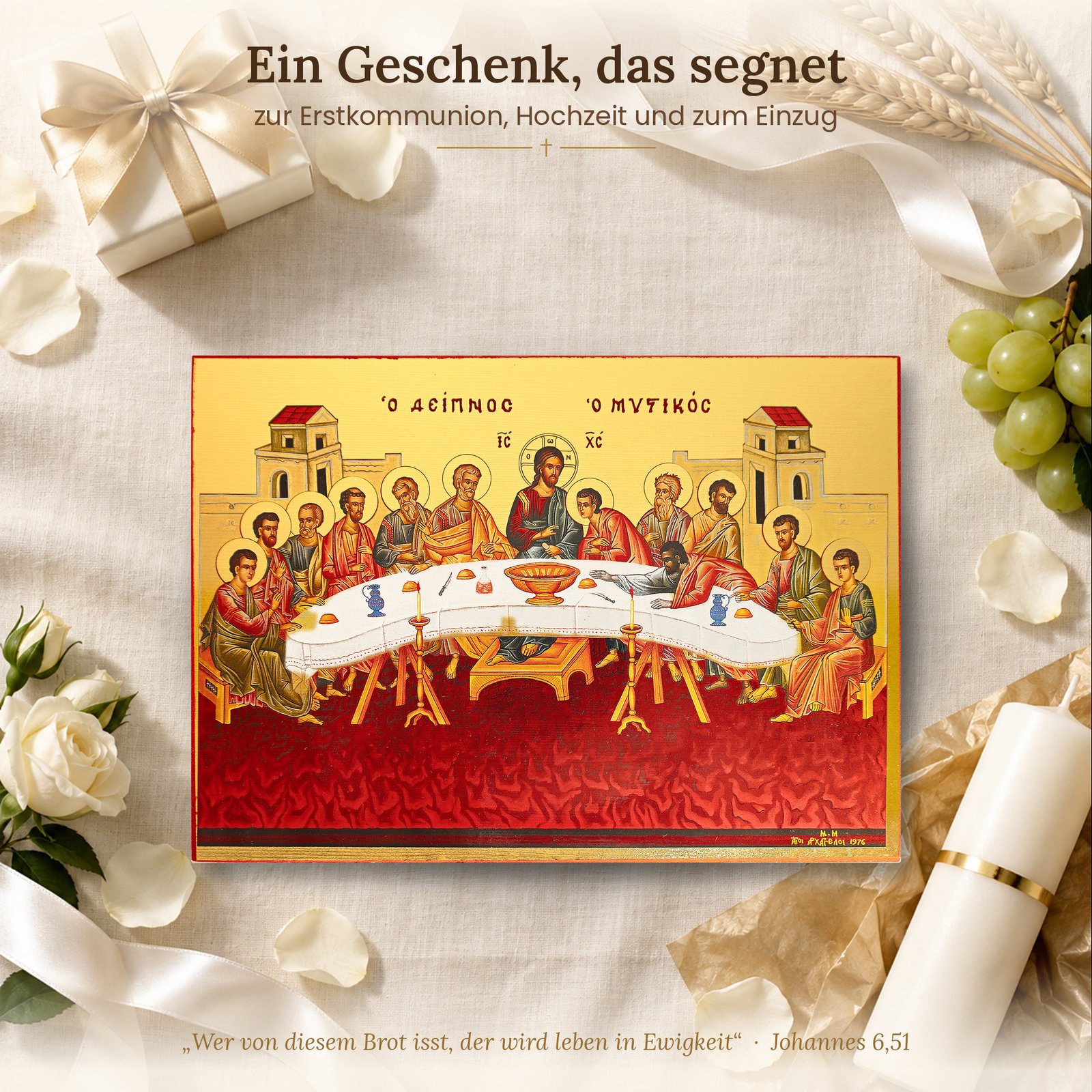 Ikone Letztes Abendmahl auf Leinen mit Geschenkbox, Weizenähren, Trauben und Kommunionkerze