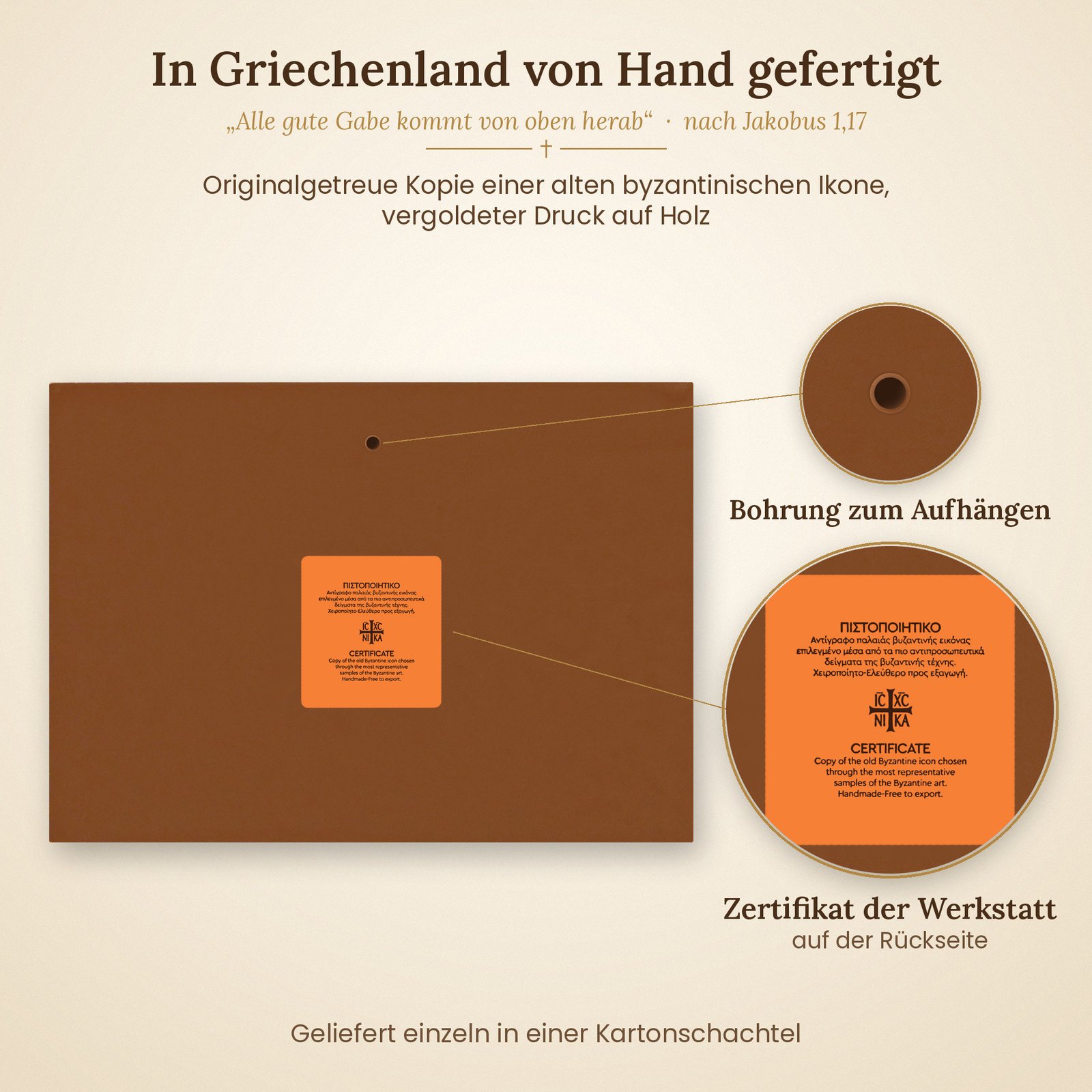 Rückseite der Ikone Letztes Abendmahl mit Zertifikat der Werkstatt und Bohrung zum Aufhängen