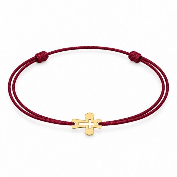 Tiny Cross Armband aus Gold 585 mit bordeauxroter Textilkordel und orthodoxem Kreuzanhänger, frontal auf weißem Hintergrund