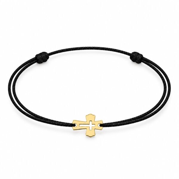 Tiny Cross Armband für Erwachsene aus Gold 585 mit Kreuzanhänger und schwarzer Kordel, Vorderansicht auf weißem Hintergrund