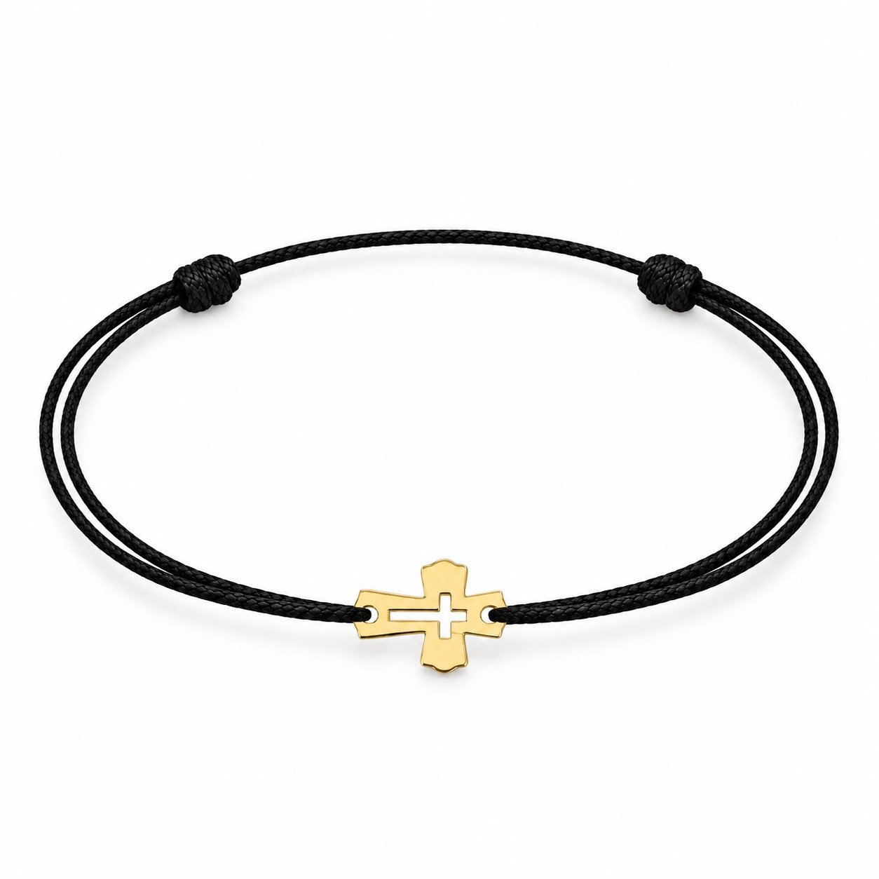 Tiny Cross Armband für Erwachsene aus Gold 585 mit Kreuzanhänger und schwarzer Kordel, Vorderansicht auf weißem Hintergrund