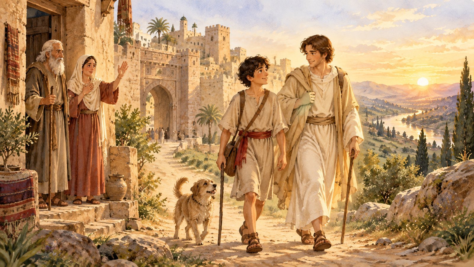Tobias und der Engel Raphael – Gute-Nacht-Geschichte aus der Bibel 2 Tobias und der Erzengel Raphael brechen gemeinsam zur Reise auf, der Hund läuft mit – Illustration zur Kinderbibel-Geschichte
