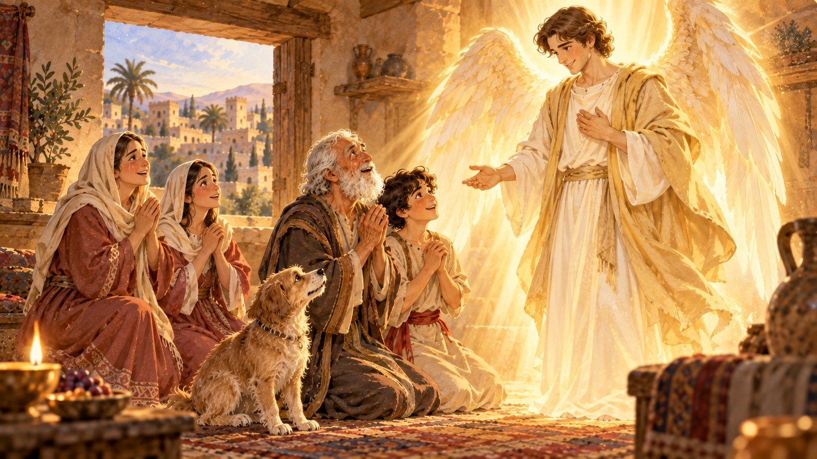 Tobias und der Engel Raphael – Gute-Nacht-Geschichte aus der Bibel 5 Der Erzengel Raphael gibt sich der Familie des Tobias zu erkennen – Illustration zur Gute-Nacht-Geschichte