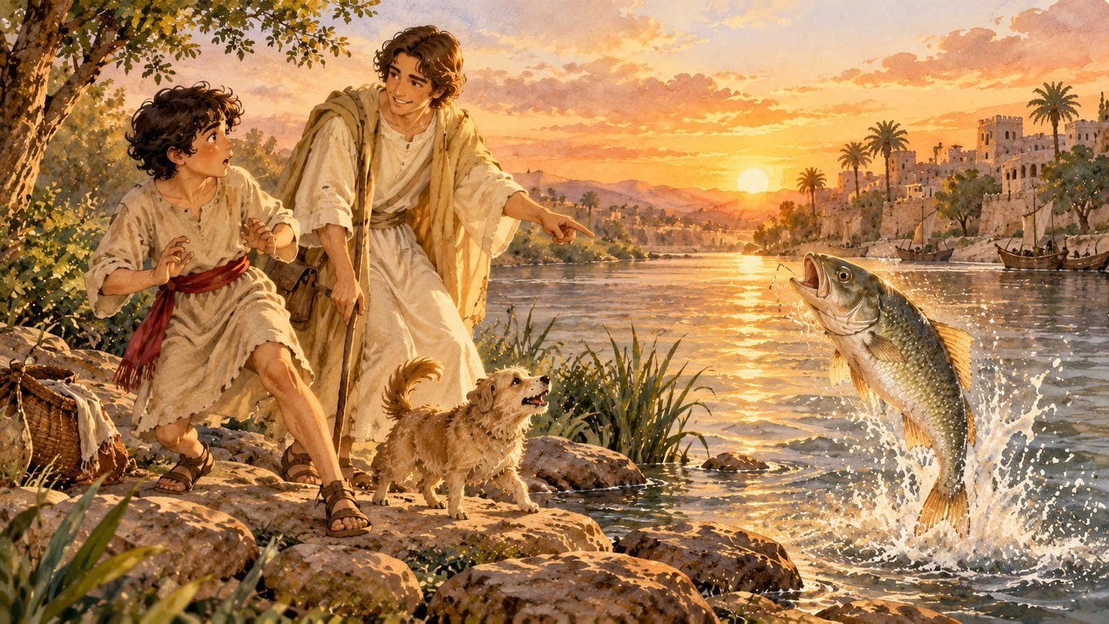 Tobias und der Engel Raphael – Gute-Nacht-Geschichte aus der Bibel 3 Am Fluss Tigris springt ein großer Fisch aus dem Wasser – Tobias und der Engel Raphael, Gute-Nacht-Geschichte für Kinder