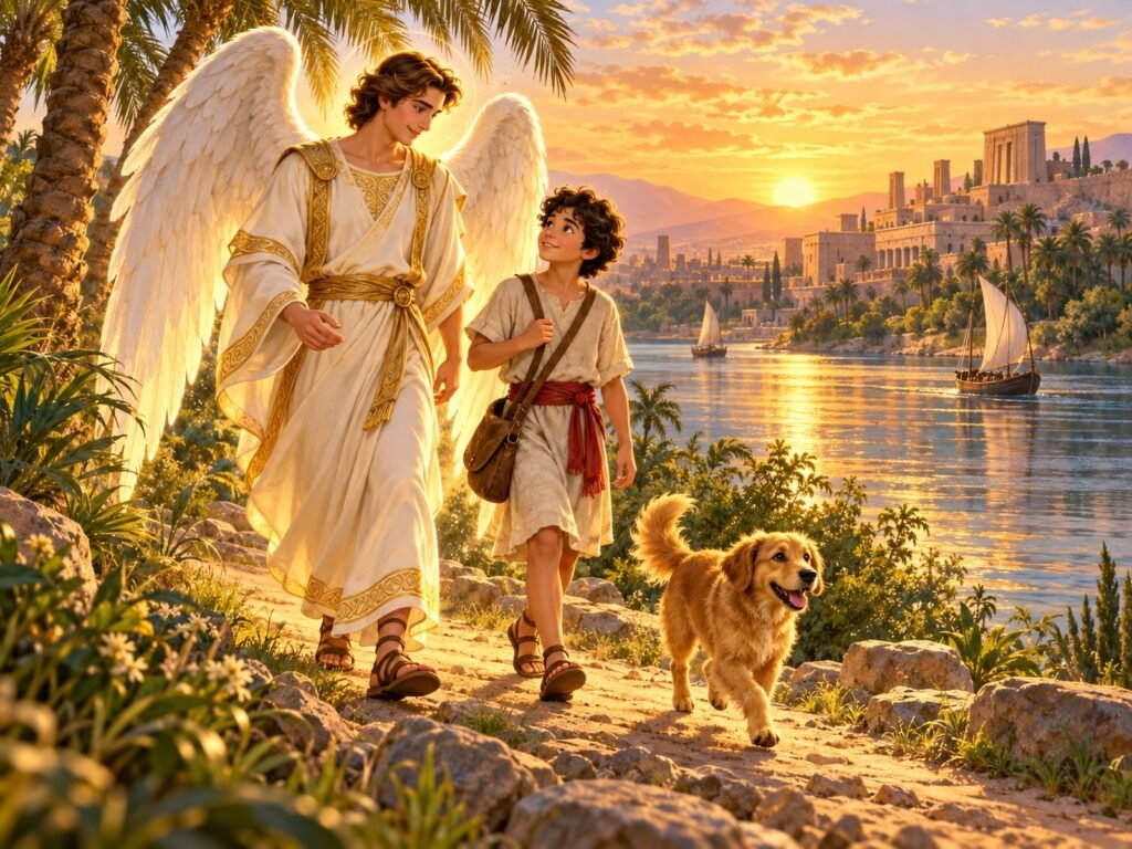 Startseite 25 Tobias und der Engel Raphael wandern bei Sonnenuntergang am Tigris, ein kleiner Hund läuft mit – Gute-Nacht-Geschichte aus der Bibel für Kinder