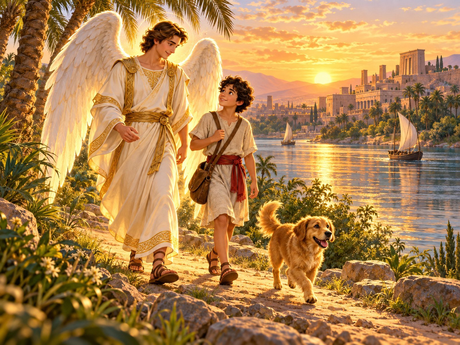 Tobias und der Engel Raphael – Gute-Nacht-Geschichte aus der Bibel 1 Tobias und der Engel Raphael wandern bei Sonnenuntergang am Tigris, ein kleiner Hund läuft mit – Gute-Nacht-Geschichte aus der Bibel für Kinder