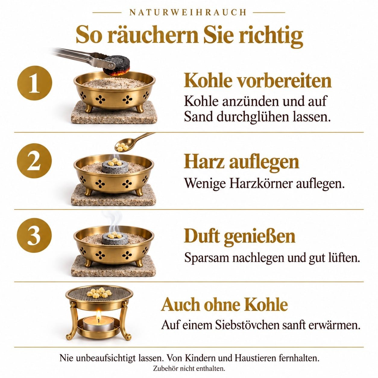 Naturweihrauch Olibanum mittelkörnig – reines Boswellia-Harz 50 g bis 500 g 6 Anleitung: So räuchern Sie Naturweihrauch richtig – Kohle vorbereiten, Harz auflegen, Duft genießen, auch ohne Kohle auf dem Siebstövchen