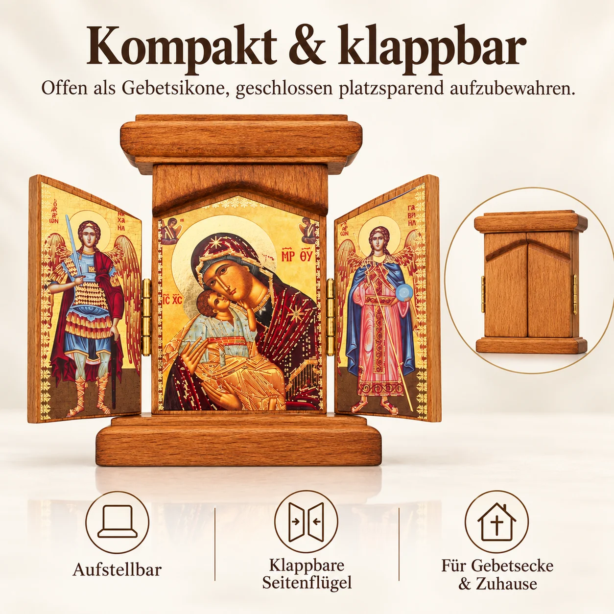 Klappikone aus Holz offen aufgestellt und geschlossen, platzsparend aufzubewahren