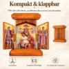 Klappikone aus Holz offen aufgestellt und geschlossen, platzsparend aufzubewahren