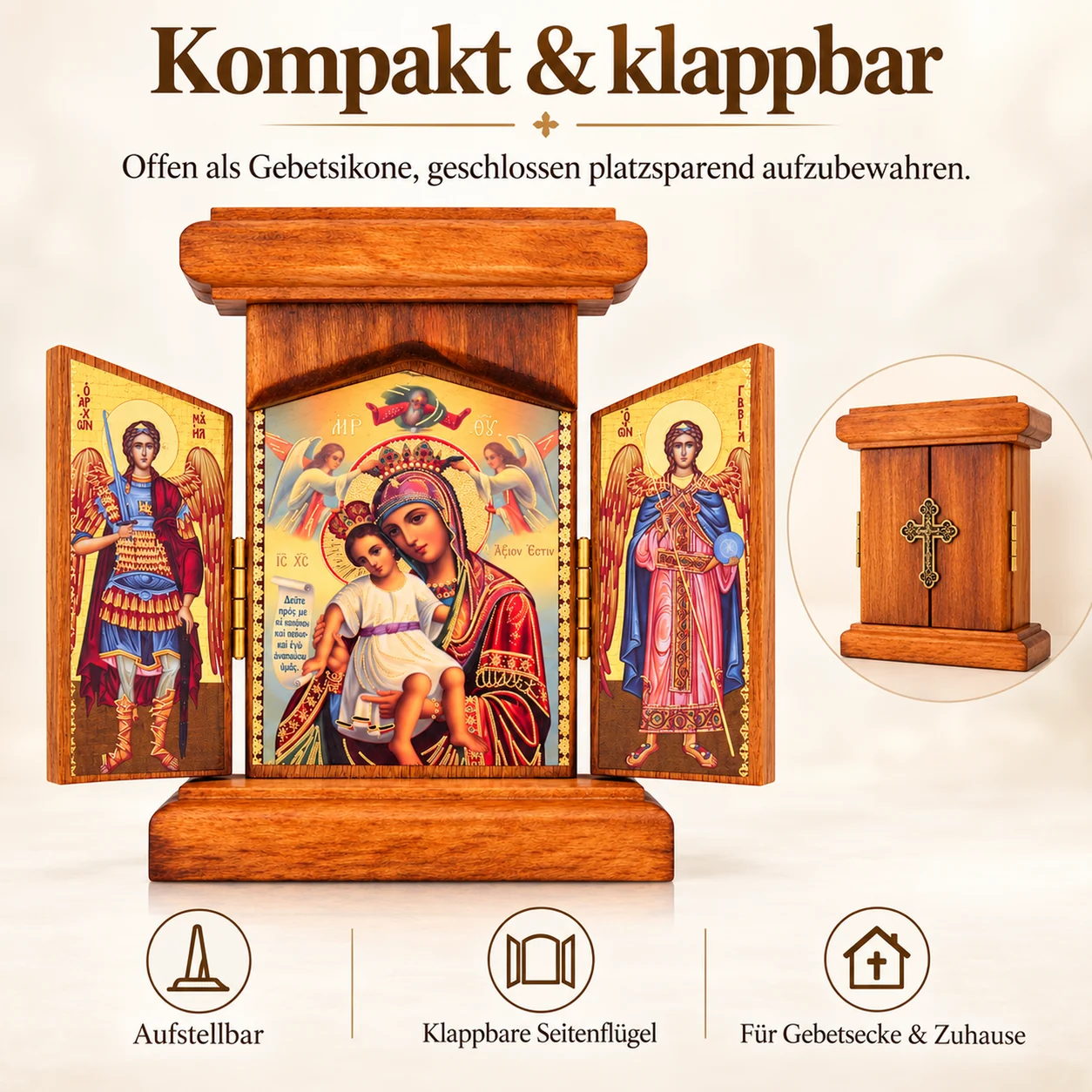 Klappikone aus Holz offen aufgestellt und geschlossen, platzsparend aufzubewahren