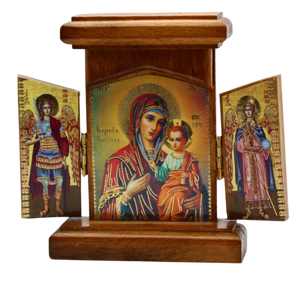 Klappikone aus Holz mit der Gottesmutter von Iveron und den Erzengeln Michael und Gabriel auf den Flügeln
