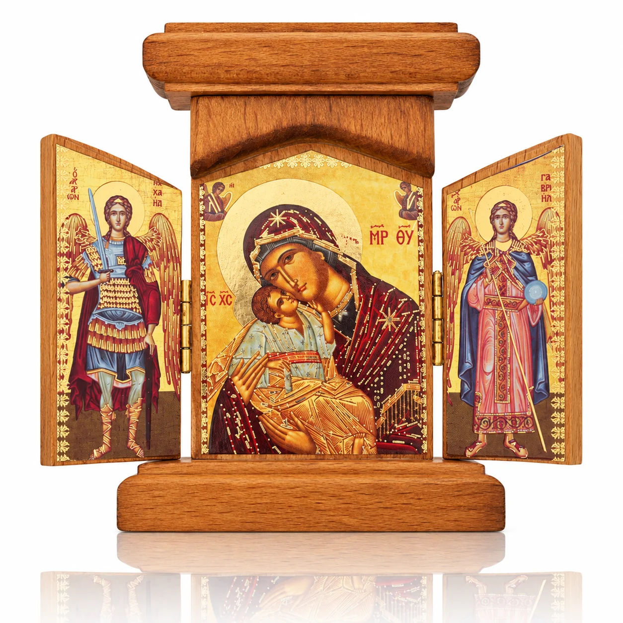 Klappikone aus Holz mit der Gottesmutter der Zärtlichkeit und den Erzengeln Michael und Gabriel