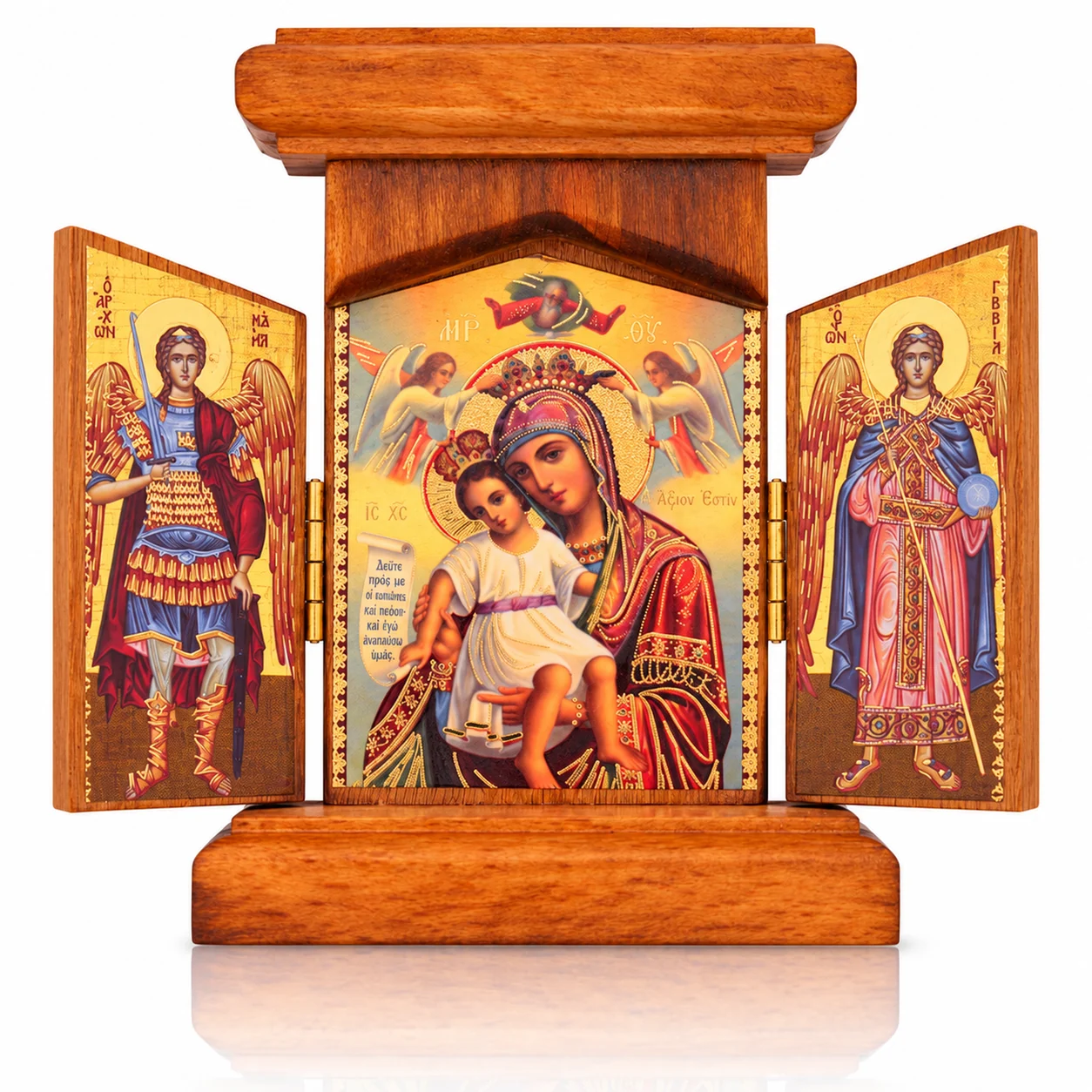 Klappikone aus Holz mit der gekrönten Gottesmutter und den Erzengeln Michael und Gabriel