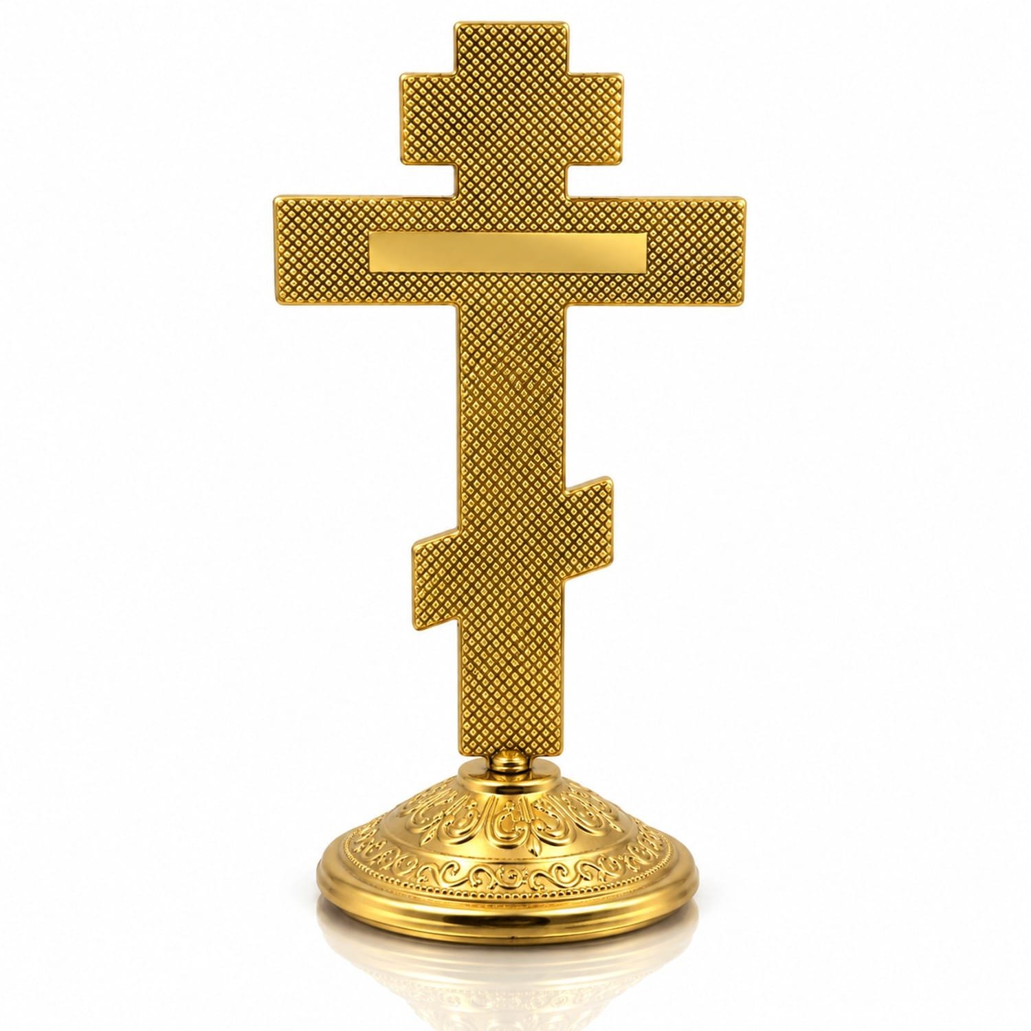 Standkreuz aus Metall goldfarben Rückseite mit Reliefmuster Rückseite des goldfarbenen Standkreuzes aus Metall mit durchgehendem Reliefmuster und glatter Tafel