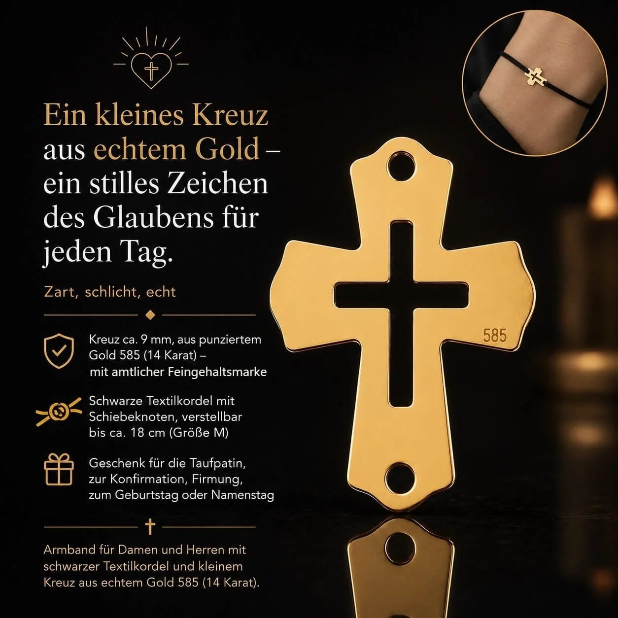 Armband Tiny Cross Gold 585 mit kleinem Kreuz an schwarzer Textilkordel