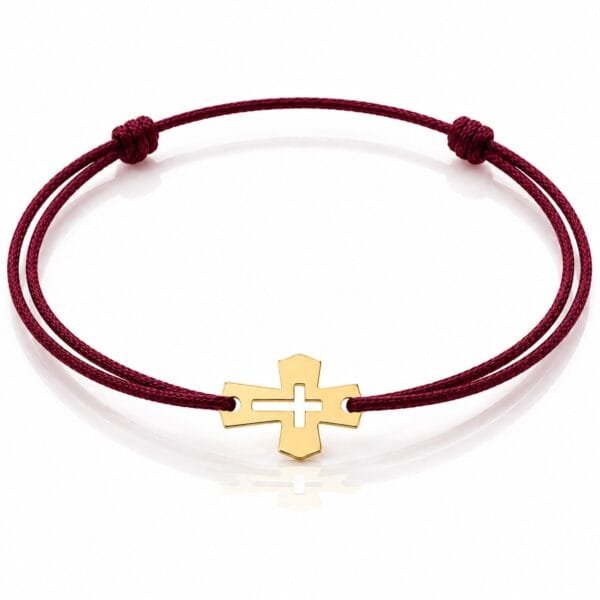 Armband Tiny Cross mit kleinem Kreuz aus Gold 585 an weinroter Textilkordel