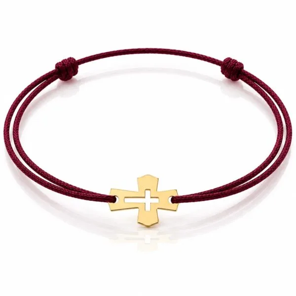 Armband Tiny Cross mit kleinem Kreuz aus Gold 585 an weinroter Textilkordel