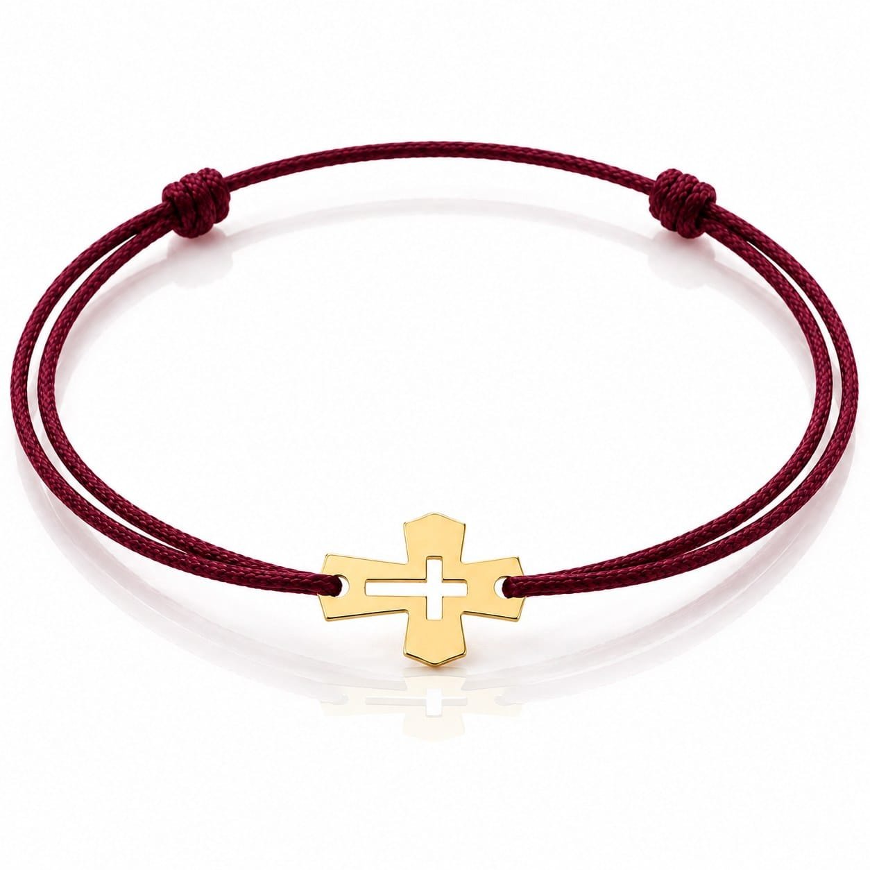 Armband Tiny Cross mit kleinem Kreuz aus Gold 585 an weinroter Textilkordel