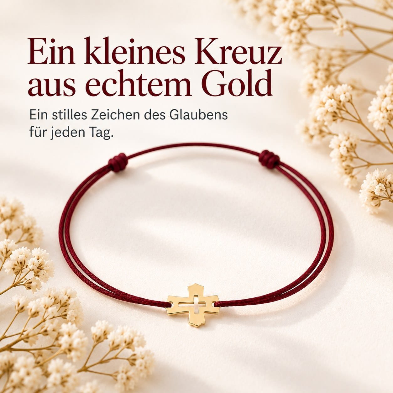 Tiny Cross Armband mit weinroter Textilkordel und Schiebeknoten, Detailaufnahme