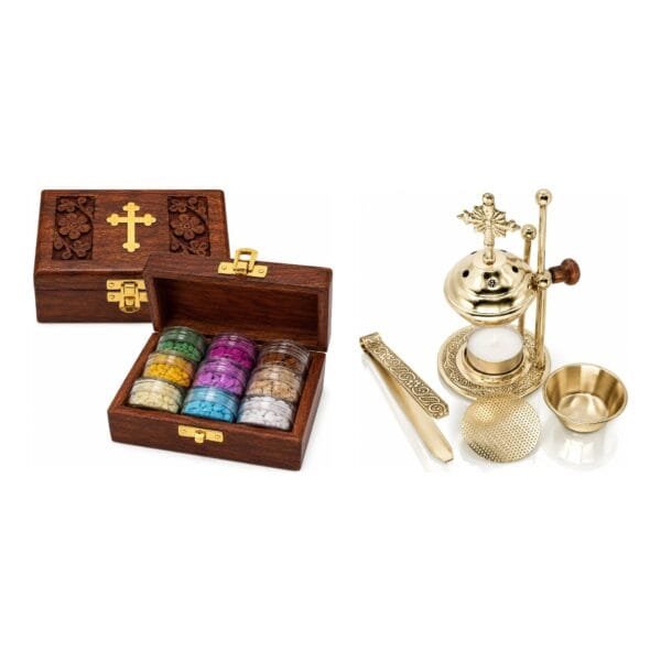 Weihrauch-Geschenkset in Holzbox mit Kreuz und Weihrauchbrenner aus Messing – Set von misticSparks