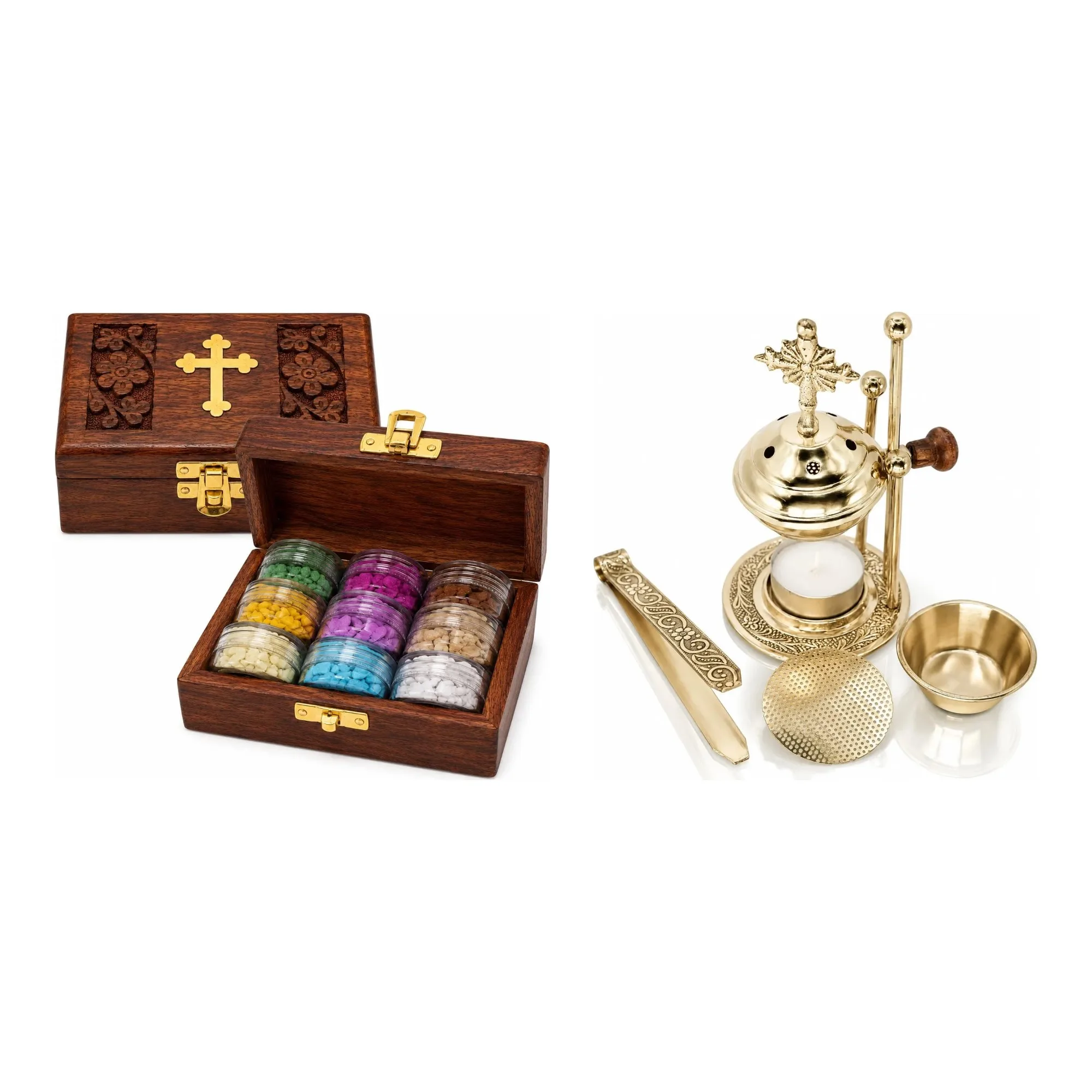 Weihrauch-Geschenkset in Holzbox mit Kreuz und Weihrauchbrenner aus Messing – Set von misticSparks