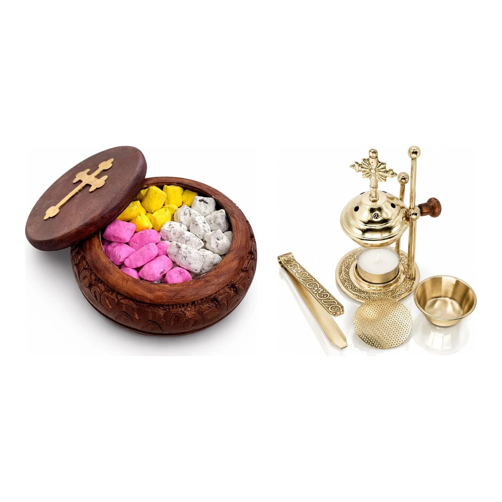 Weihrauch-Set mit Brenner und Kirchenweihrauch Floral & Exotisch in Holzbox mit Kreuz