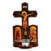 Kruzifix aus Holz mit Ikonen – Standkreuz mit Teelichtglas für Hausaltar und Gebetsecke 10 Kruzifix aus Holz mit Ikonen-Seitentafeln, I.N.R.I.-Schriftband und Teelichtglas auf weißem Hintergrund