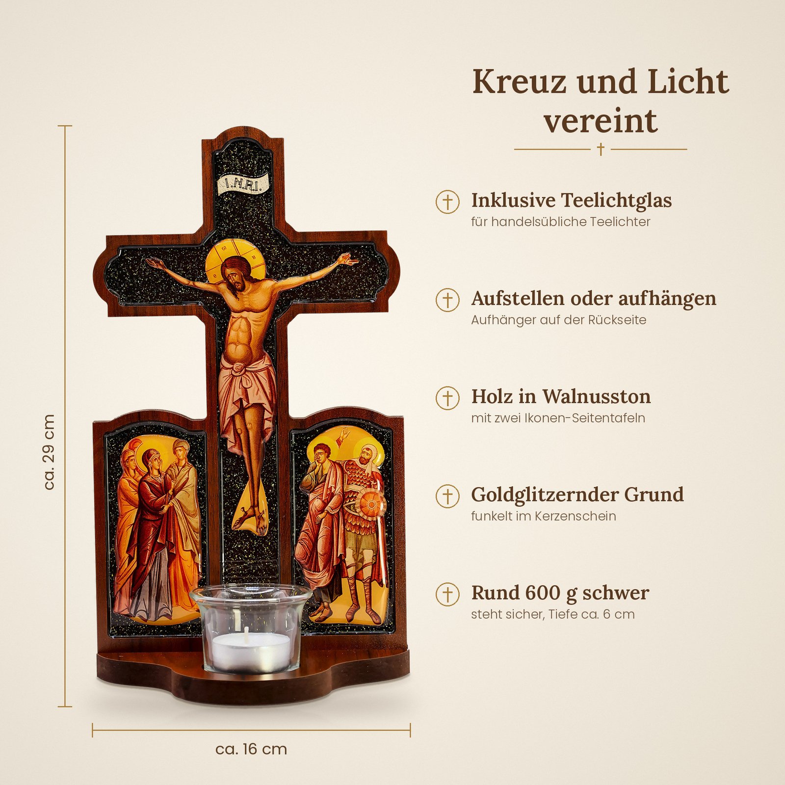 Kruzifix aus Holz mit Ikonen – Standkreuz mit Teelichtglas für Hausaltar und Gebetsecke 3 Standkreuz aus Holz mit Teelichtglas, ca. 29 × 16 cm, mit Aufhänger und goldglitzerndem Grund
