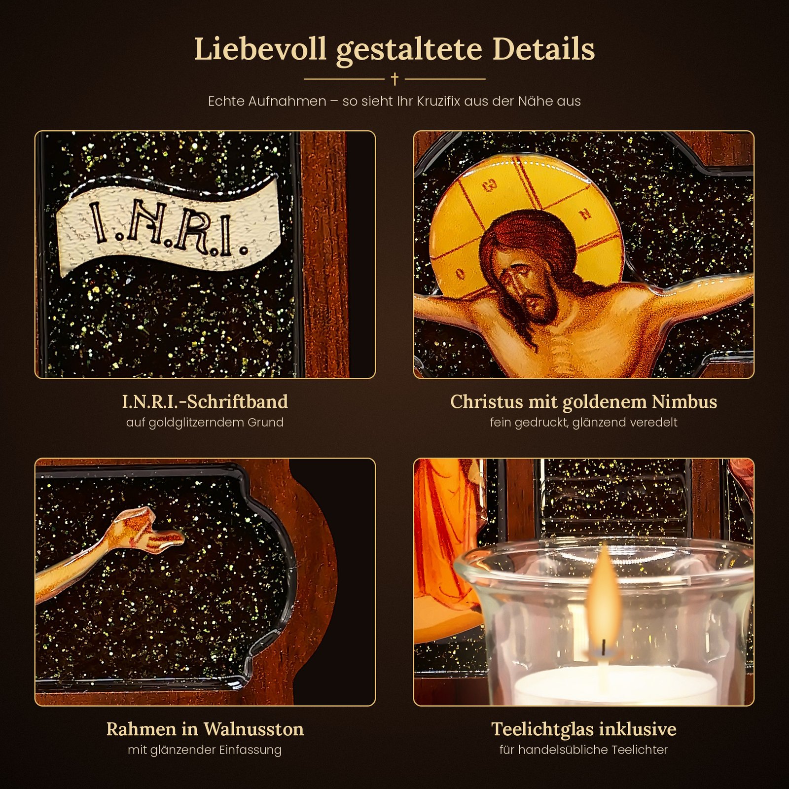 Kruzifix aus Holz mit Ikonen – Standkreuz mit Teelichtglas für Hausaltar und Gebetsecke 4 Nahaufnahmen: I.N.R.I.-Schriftband, Christus mit goldenem Nimbus, Rahmen in Walnusston und Teelichtglas