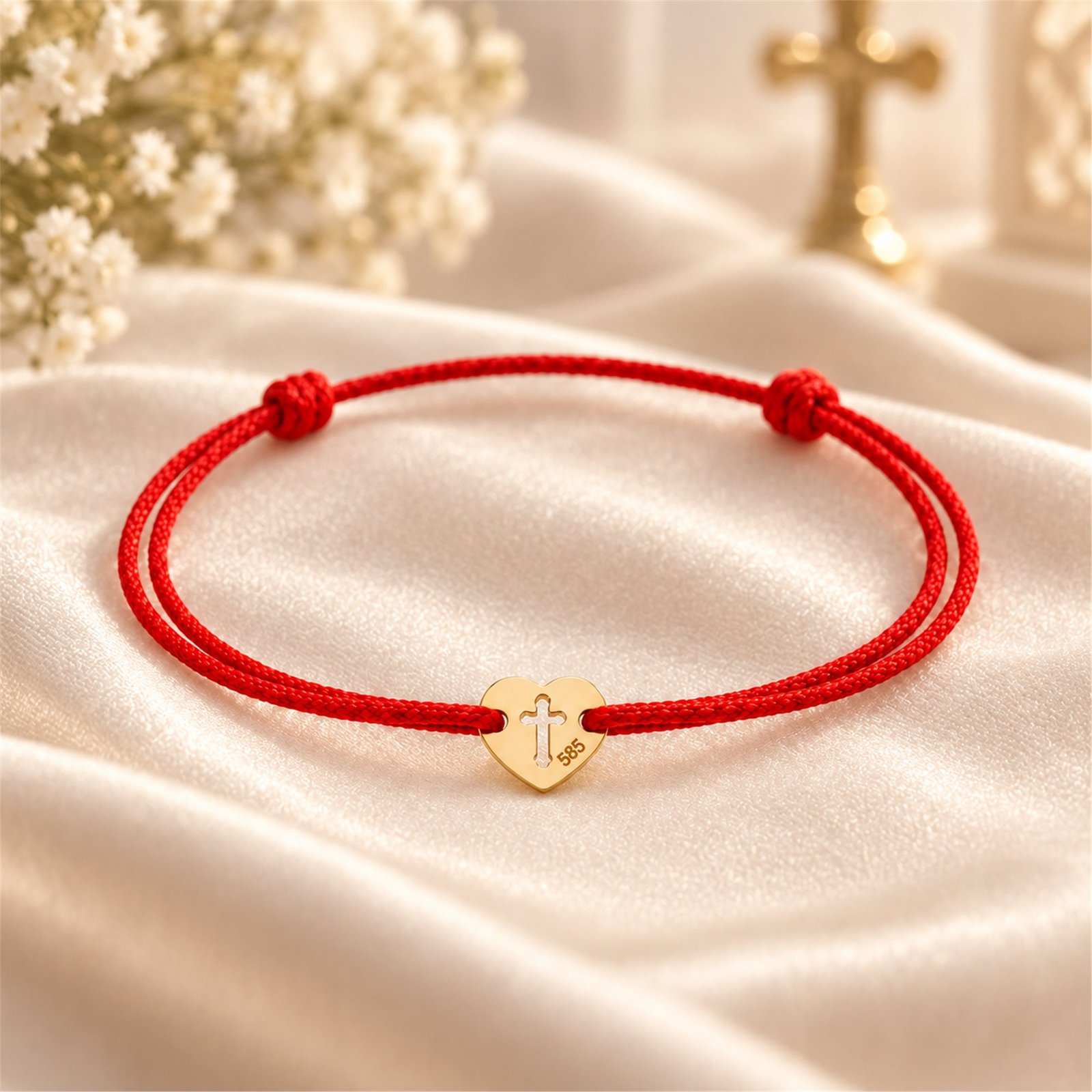 Taufarmband mit Goldherz und rotem Band auf rotem Satin als Geschenkidee zur Taufe und Geburt