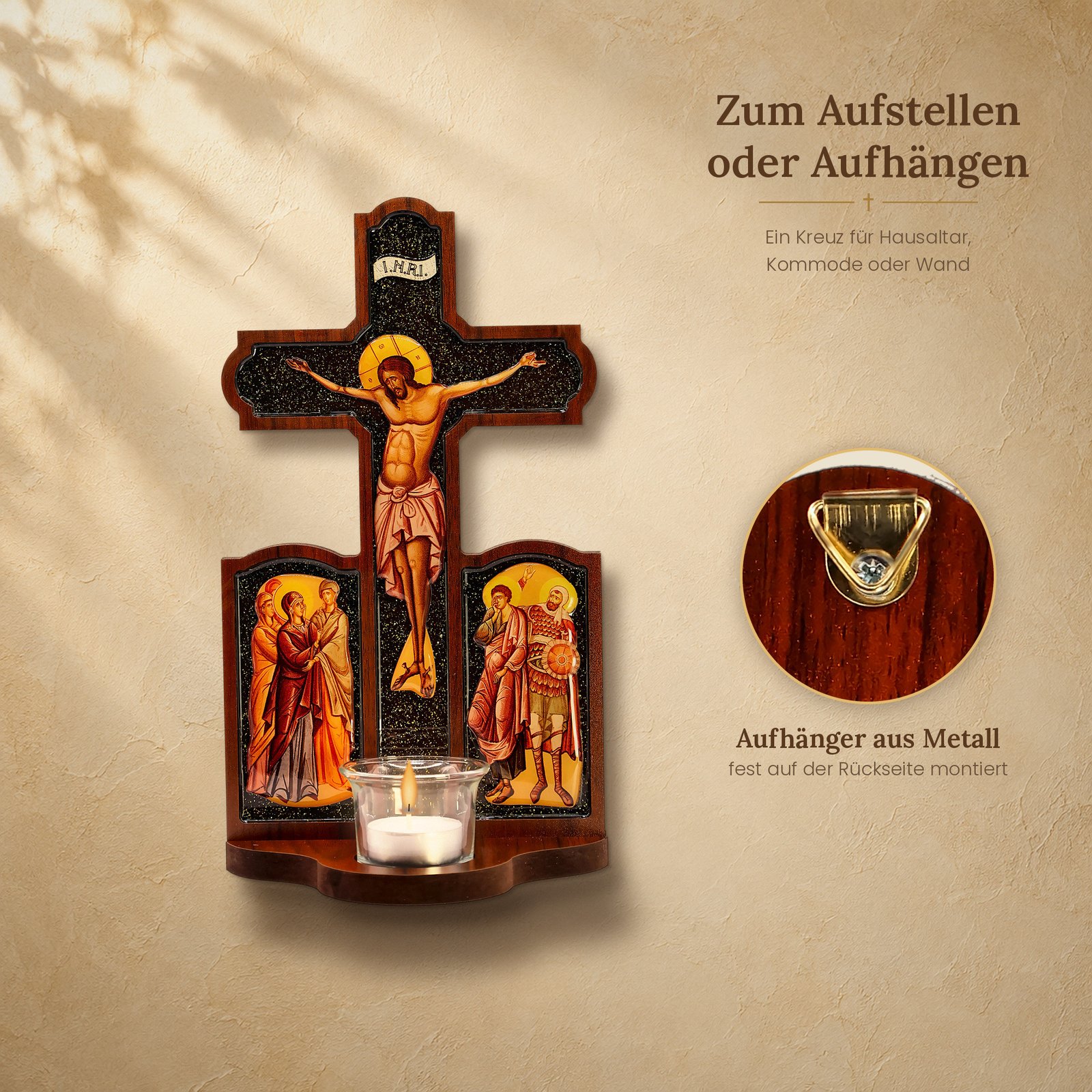Kruzifix aus Holz mit Ikonen – Standkreuz mit Teelichtglas für Hausaltar und Gebetsecke 5 Holzkruzifix mit Teelicht an der Wand und Aufhänger aus Metall auf der Rückseite