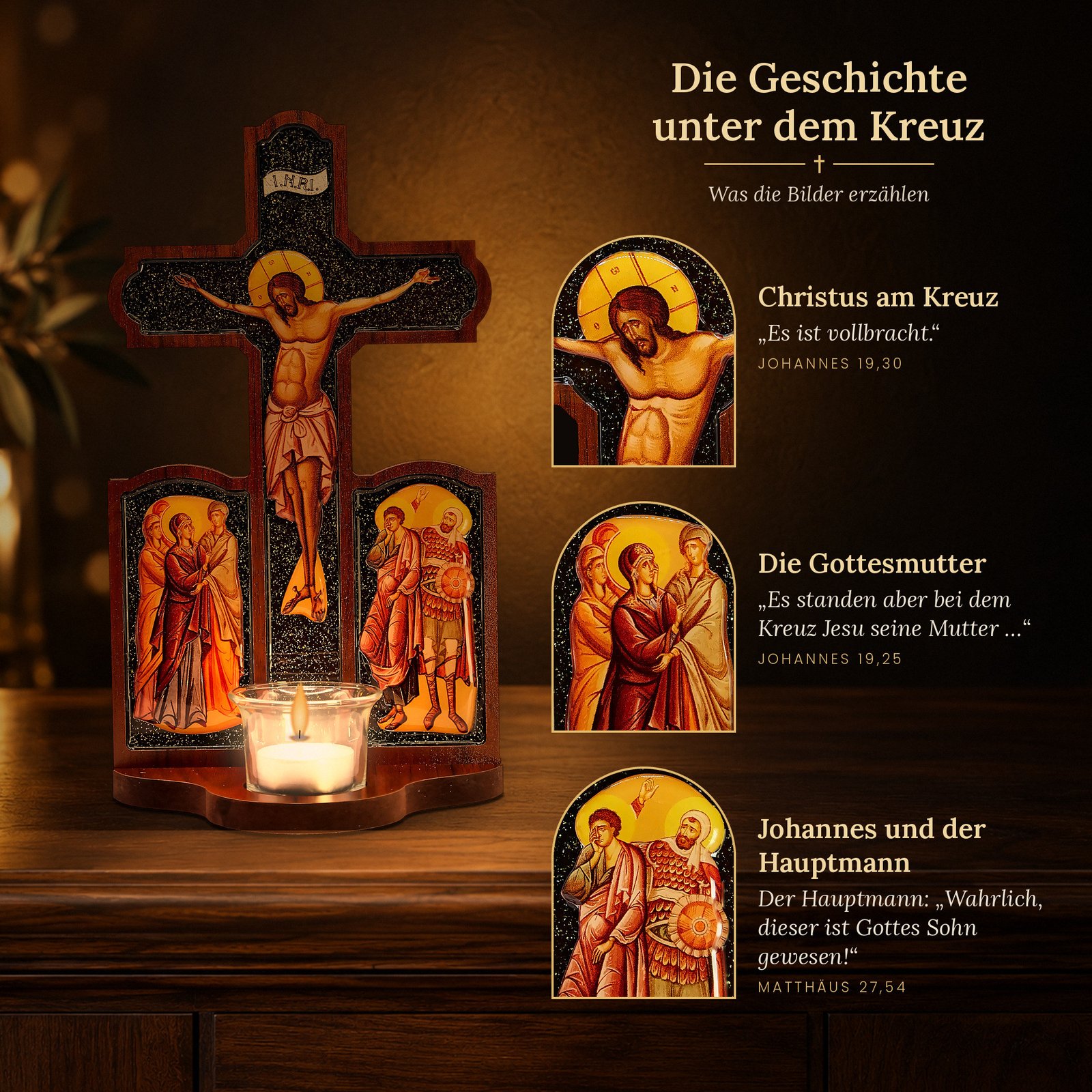 Kruzifix aus Holz mit Ikonen – Standkreuz mit Teelichtglas für Hausaltar und Gebetsecke 6 Kruzifix mit Ikonen der Gottesmutter, des Johannes und des Hauptmanns mit Bibelversen aus Johannes und Matthäus