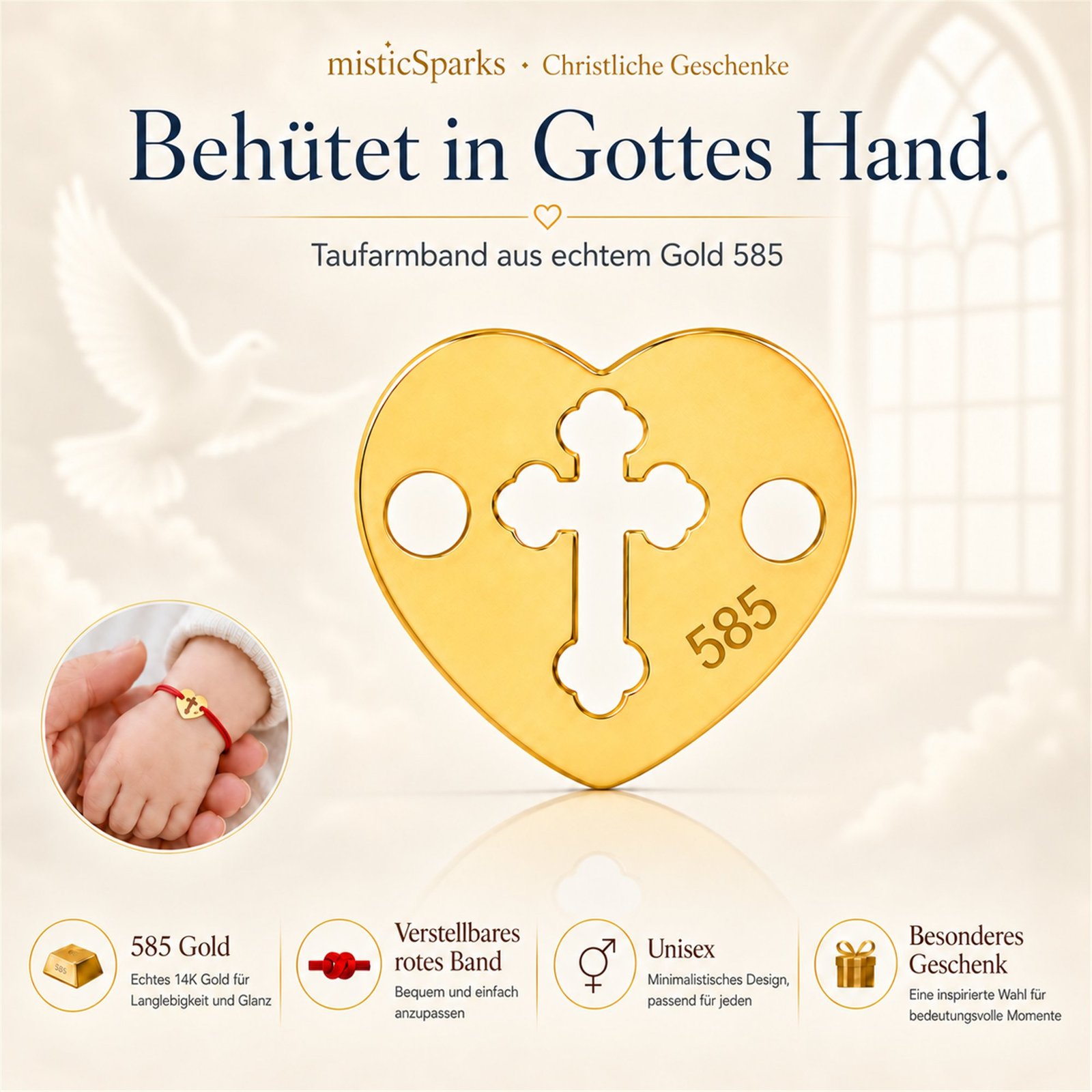 Infografik zum Taufarmband mit Goldherz 585: Kreuzmotiv, rotes Band, verstellbar bis 12 cm